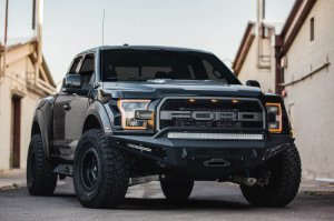 Ford F-150 Raptor Front Bumper - Addictive Desert Designs - HoneyBadger with Winch Mount - Hammer Black with Satin Black Panels - `17-`18